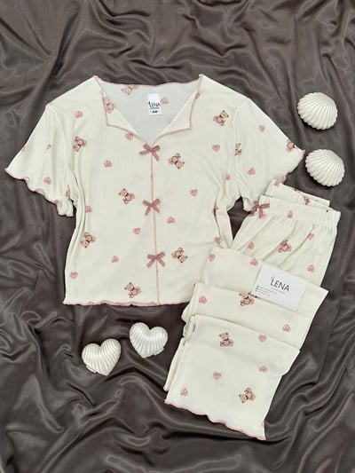 Ekru Ayıcık Desenli Fiyonklu Crop Pijama Takımı