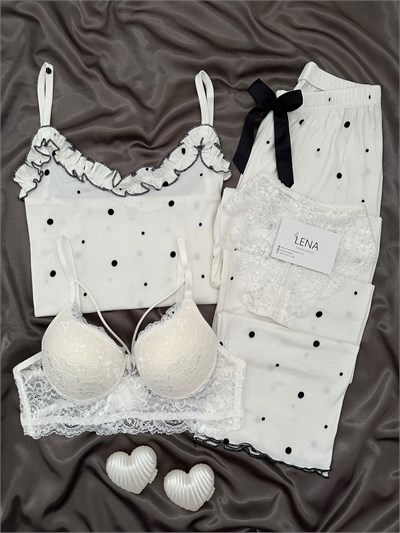 Ekru Benekler Dörtlü Askılı Pijama Takımı