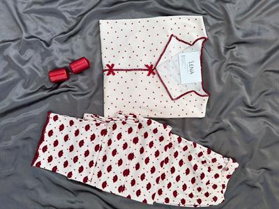 Ekru Dudak Desenli Fiyonk Detaylı Pijama Takımı