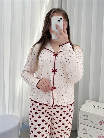 Ekru Dudak Desenli Fiyonk Detaylı Pijama Takımı