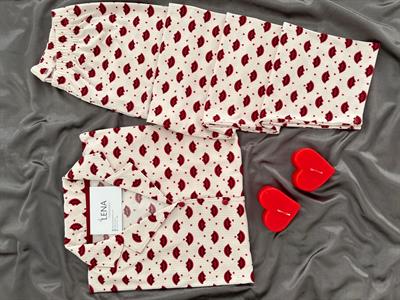 Ekru Dudak Desenli Pijama Takımı