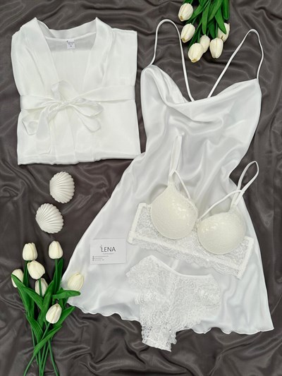 Ekru Jasmin Dörtlü Gecelik & Çamaşır Seti