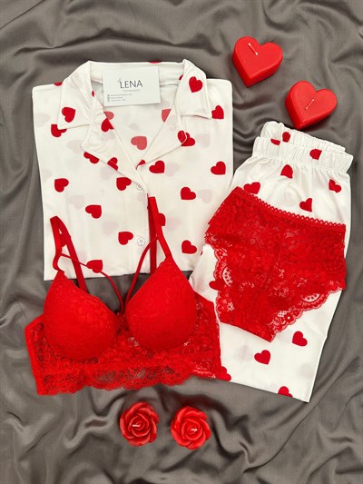 Ekru Kalp Desenli Dörtlü Milan Pijama Takımı