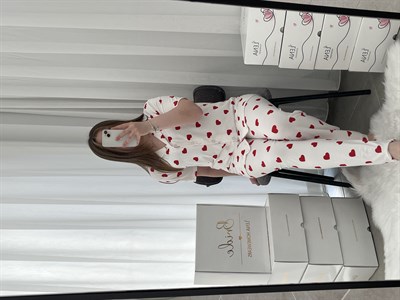 Ekru Kalp Desenli Dörtlü Milan Pijama Takımı