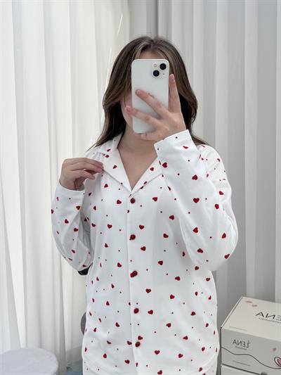 Ekru Kalp Desenli Düğmeli Termosoft Pijama Takımı