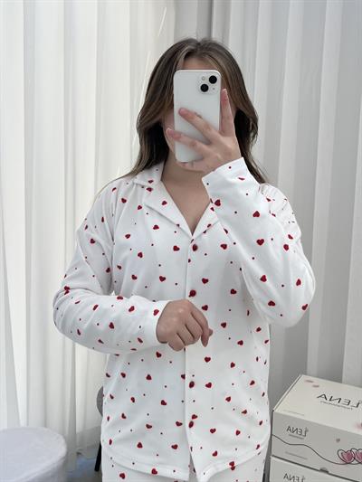 Ekru Kalp Desenli Düğmeli Termosoft Pijama Takımı