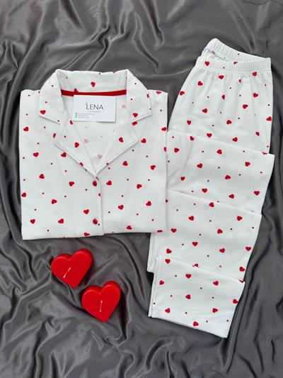 Ekru Kalp Desenli Düğmeli Termosoft Pijama Takımı
