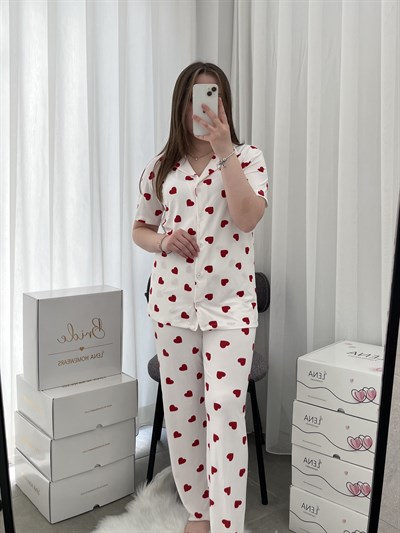 Ekru Kalp Desenli Kısa Kollu Milan Pijama Takımı