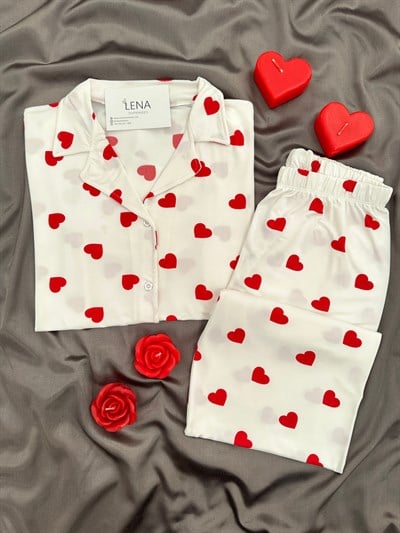 Ekru Kalp Desenli Kısa Kollu Milan Pijama Takımı