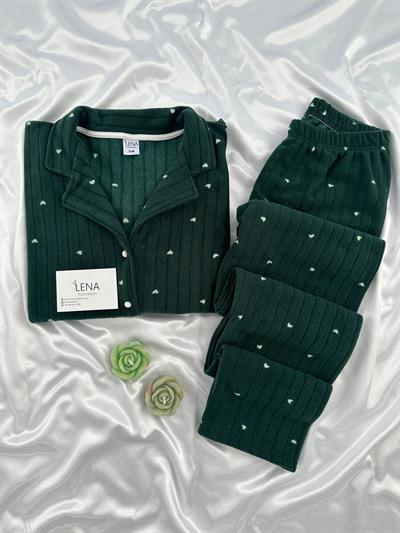 Ekru Kakıp Desenli Zümrüt Polar Pijama Takımı