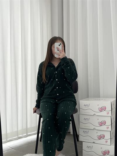 Ekru Kakıp Desenli Zümrüt Polar Pijama Takımı