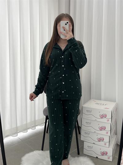 Ekru Kakıp Desenli Zümrüt Polar Pijama Takımı
