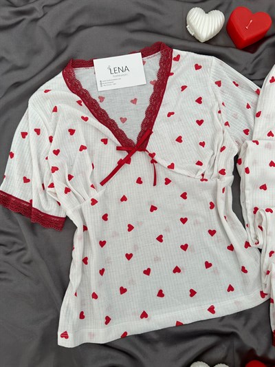 Ekru Kalp Kısa Kollu Raporlu Pijama Takımı