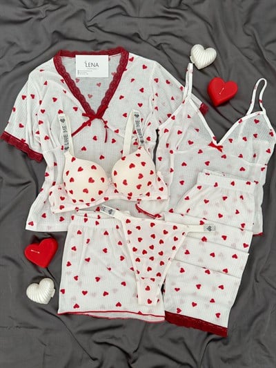 Ekru Kalp Raporlu 6'lı Pijama & Çamaşır Seti