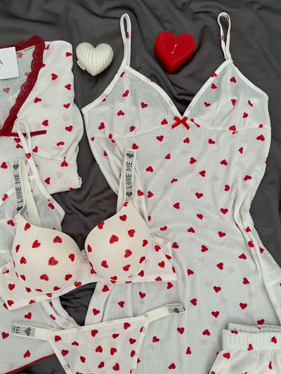Ekru Kalp Raporlu 7lı Pijama & Çamaşır Seti