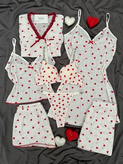 Ekru Kalp Raporlu 7'lı Pijama & Çamaşır Seti