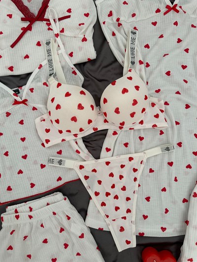 Ekru Kalp Raporlu 7lı Pijama & Çamaşır Seti