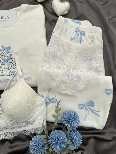 Ekru Kurdele işlemeli 4lü Fransız Kadife Pijama Takımı