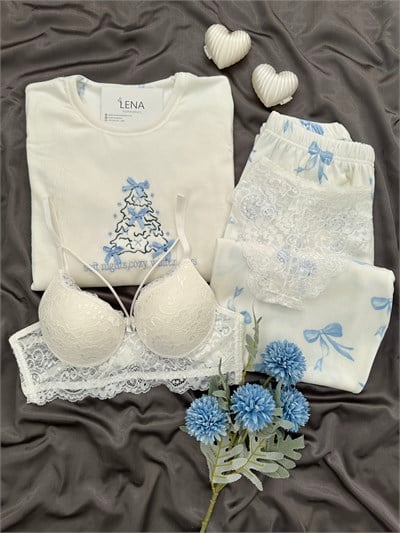 Ekru Kurdele işlemeli 4lü Fransız Kadife Pijama Takımı