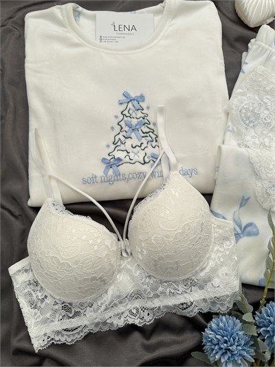 Ekru Kurdele işlemeli 4lü Fransız Kadife Pijama Takımı