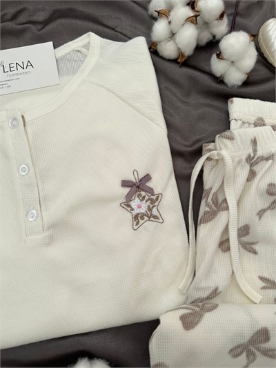 Ekru Kurdele Desenli 4lü Patlı Waffle Pijama Takımı