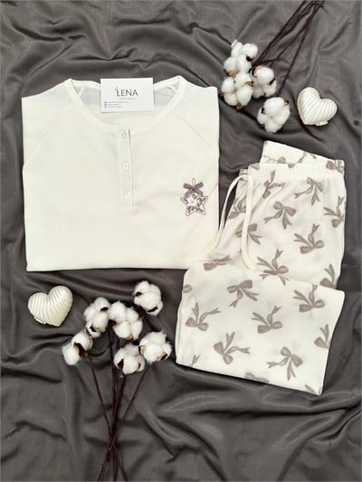 Ekru Kurdele Desenli Patlı Waffle Pijama Takımı