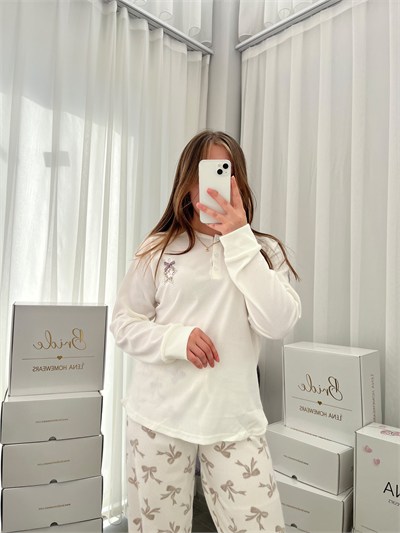 Ekru Kurdele Desenli Patlı Waffle Pijama Takımı