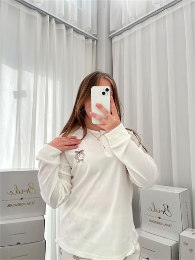 Ekru Kurdele Desenli Patlı Waffle Pijama Takımı