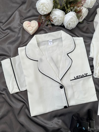 Ekru Lena Nakışlı Kısa Kollu Dokuma Pijama Takımı