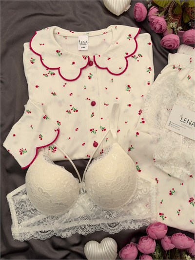 Ekru Nakış Uzun Kollu Berlin 4lü Pijama Takımı