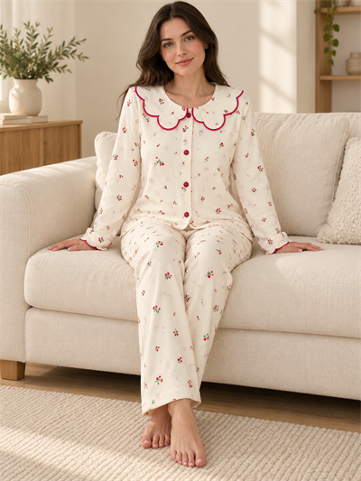 Ekru Nakış Uzun Kollu Berlin 4lü Pijama Takımı
