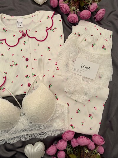 Ekru Nakış Uzun Kollu Berlin 4lü Pijama Takımı