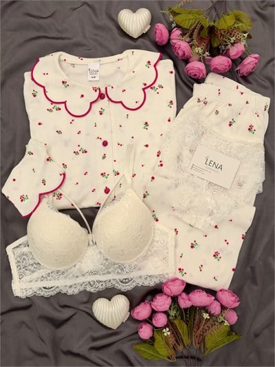 Ekru Nakış Uzun Kollu Berlin 4lü Pijama Takımı