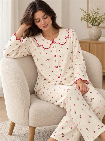 Ekru Nakış Uzun Kollu Berlin Pijama Takımı
