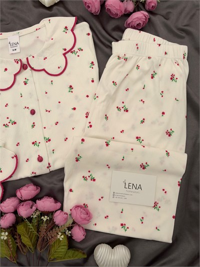 Ekru Nakış Uzun Kollu Berlin Pijama Takımı