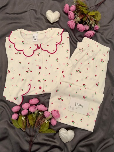 Ekru Nakış Uzun Kollu Berlin Pijama Takımı