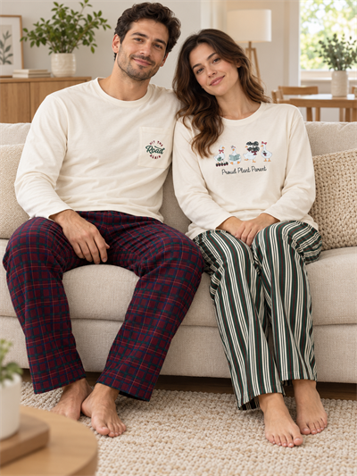 Ekru Ördek & Çizgi ve Ekose Desenli Sevgili Çift Uzun Kollu Pijama Takımı (2Lİ SET)