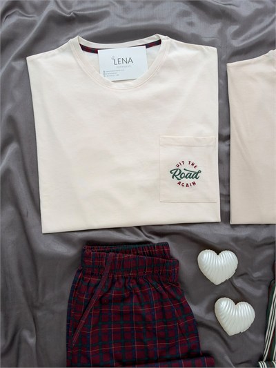 Ekru Ördek & Çizgi ve Ekose Desenli Sevgili Çift Uzun Kollu Pijama Takımı (2Lİ SET)