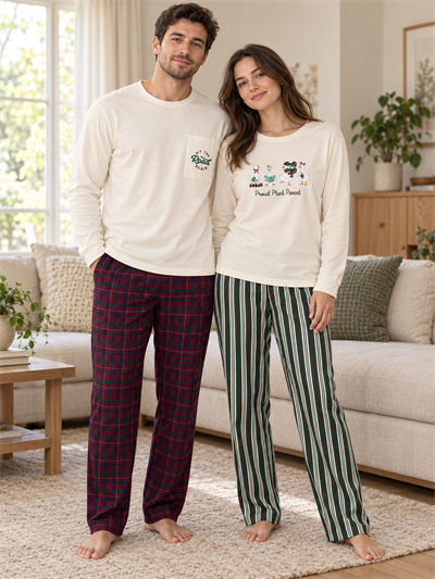 Ekru Ördek & Çizgi ve Ekose Desenli Sevgili Çift Uzun Kollu Pijama Takımı (2Lİ SET)