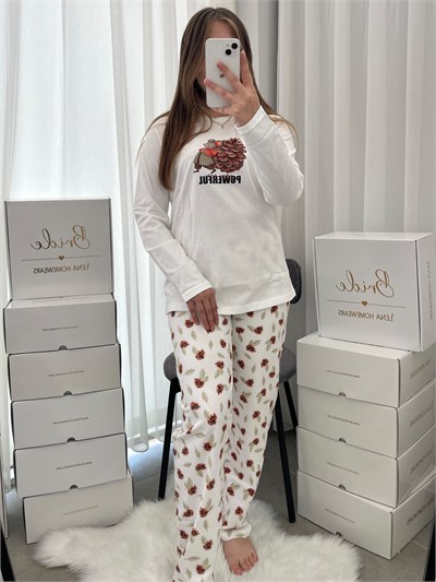 Ekru Powerful Pamuklu Uzun Kollu Pijama Takımı