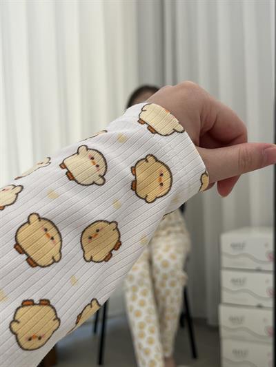 Ekru Sarı Civciv Desenli Uzun Kollu Pijama Takımı