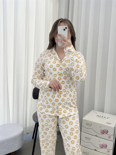 Ekru Sarı Civciv Desenli Uzun Kollu Pijama Takımı