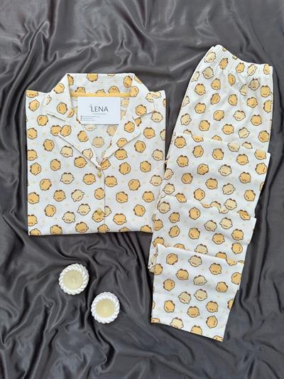 Ekru Sarı Civciv Desenli Uzun Kollu Pijama Takımı