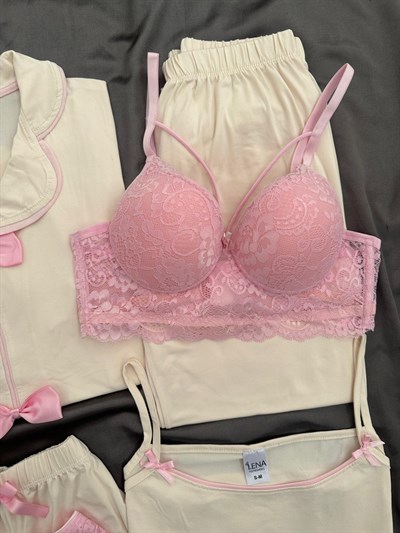 Ekru Şeker Fiyonk 6lı Milan Pijama Takımı