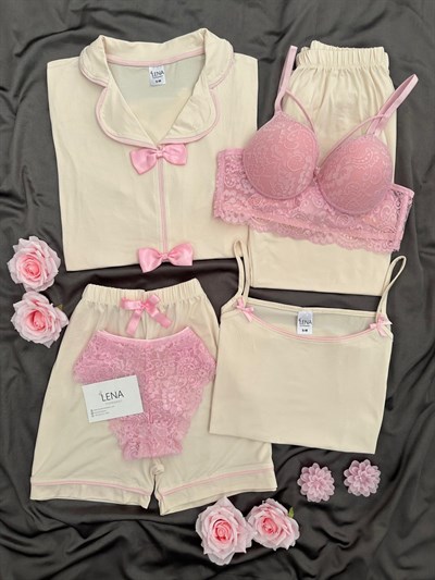 Ekru Şeker Fiyonk 6lı Milan Pijama Takımı