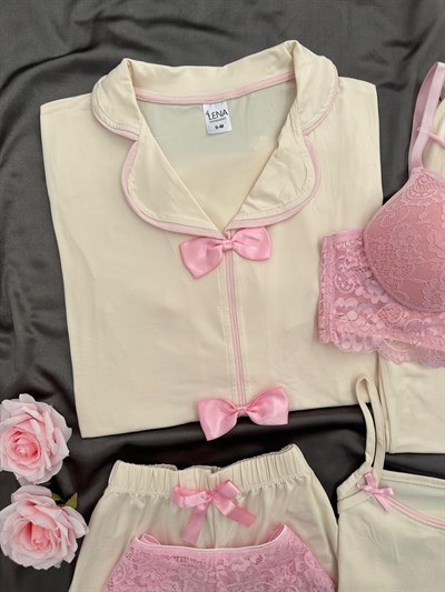 Ekru Şeker Fiyonk 6lı Milan Pijama Takımı