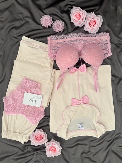 Ekru Şeker Fiyonk Detaylı Dörtlü Kısa Kollu Pijama Takımı