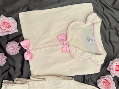 Ekru Şeker Fiyonk Detaylı Dörtlü Kısa Kollu Pijama Takımı