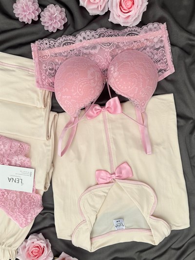 Ekru Şeker Fiyonk Detaylı Dörtlü Kısa Kollu Pijama Takımı