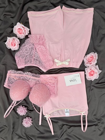 Pembe Fiyonk Detaylı Dörtlü Şortlu Pijama Takımı